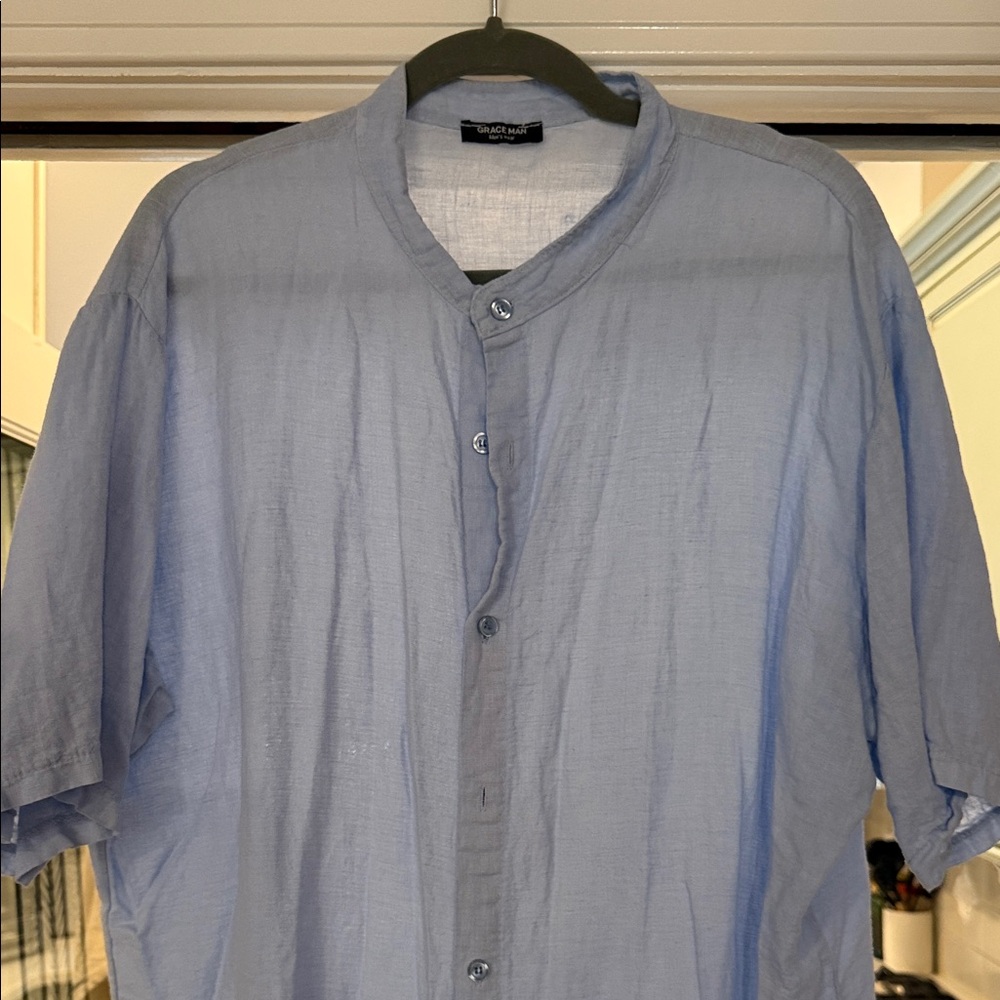 Casual Light Blue Linen Shirt with Mandarin Collar